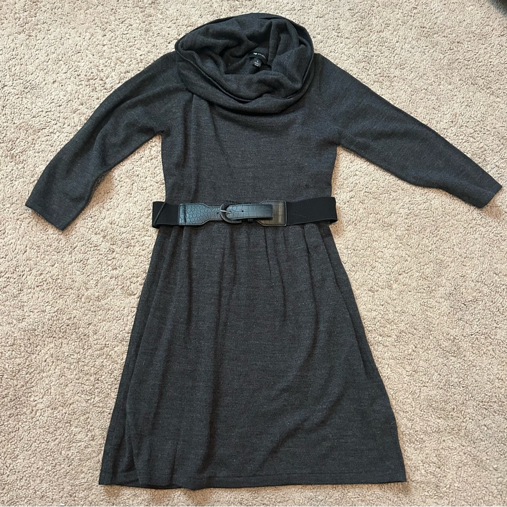 NWOT AB Studio Charcoal Gray Cowl Neck Sweater Dress with Belt Small